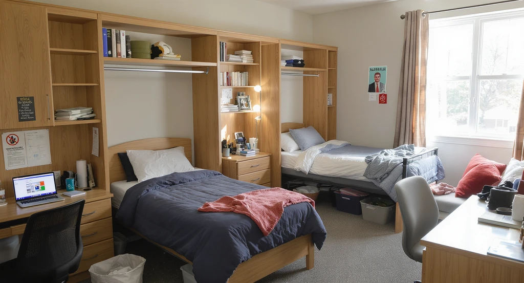 Realistic college dorm room with twin XL beds, built-in desks, shared closet, a laptop running an AI dorm room planning tool, and unused decor items nearby, illustrating how to use AI for dorm design and avoid common mistakes.
