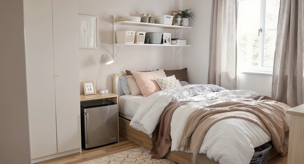 Photorealistic dorm room showing organized bedding, storage bins, power strip, and shared essentials, illustrating AI dorm planning tool benefits for budget-friendly, intentional style and virtual dorm room visualization.