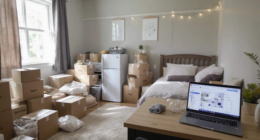 College dorm room during move-in with DormTok AI dorm planning tool open on laptop, organized dorm essentials, decor mockups, and unpacked mini-fridge.