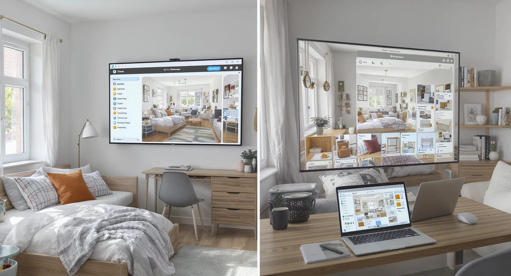Photorealistic dorm room with an AI dorm planning tool on a screen previewing layouts, color palettes, and decor, showcasing virtual dorm design and organized roommate spaces to avoid common shopping mistakes.