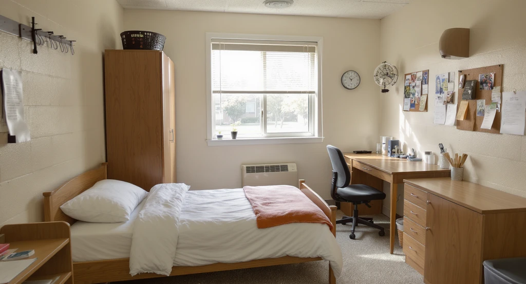 Photorealistic college dorm room featuring standard Twin XL bed, basic furniture, and simple organization, ideal for ai dorm room design tool for students and virtual staging with ai-powered dorm storage optimization tips.