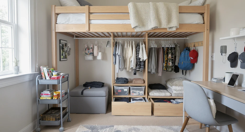 Photorealistic dorm room with tension rods, rolling storage cart, ottoman, over-door hooks, and sliding bins, showcasing ai dorm room design tool for students and ai-powered dorm storage optimization tips.