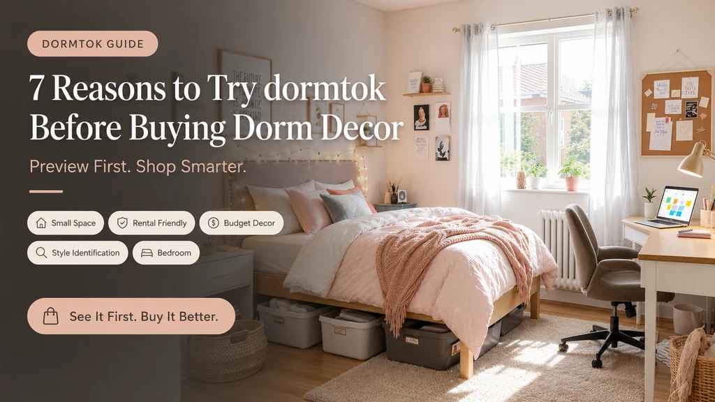 Photorealistic college dorm room staged with modern decor and storage, showcasing how to visualize your dorm with AI design tools and apps for smart dorm decor planning.