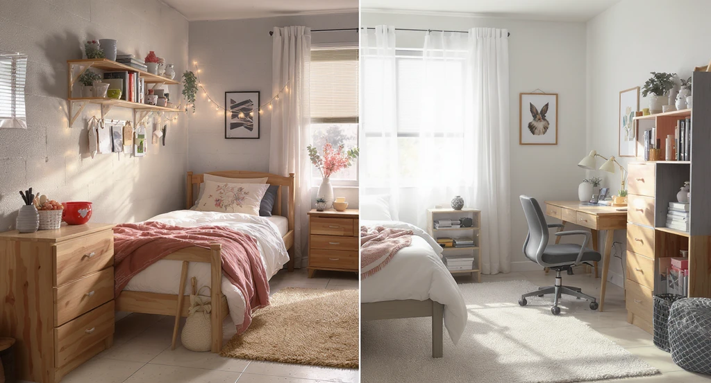 Photo-realistic college dorm room with cinderblock walls and old tile, styled half cottagecore, half minimalist to visualize decor with an ai dorm room design tool for students and how to visualize your dorm with ai.