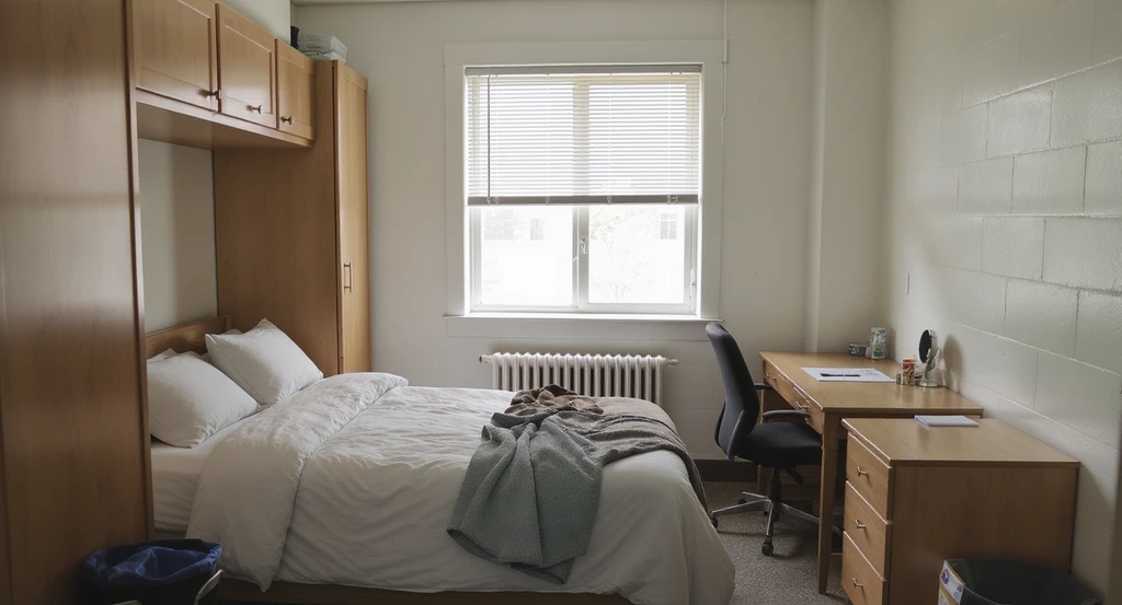 Photo-realistic college dorm room with Twin XL bed, built-in desk, cinderblock walls, and college-approved decor—a real-life ai dorm room design idea showcasing practical ai interior design for small spaces, using safe college decor and virtual dorm makeover with ai tools, adapting Pinterest dorm trends with ai.
