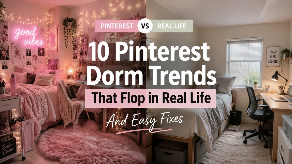Realistic dorm room split into Pinterest-inspired trends that flop and practical ai dorm room design ideas, using virtual dorm makeover with ai tools to demonstrate how to adapt Pinterest dorm trends for safe college decor with effective ai visualization.