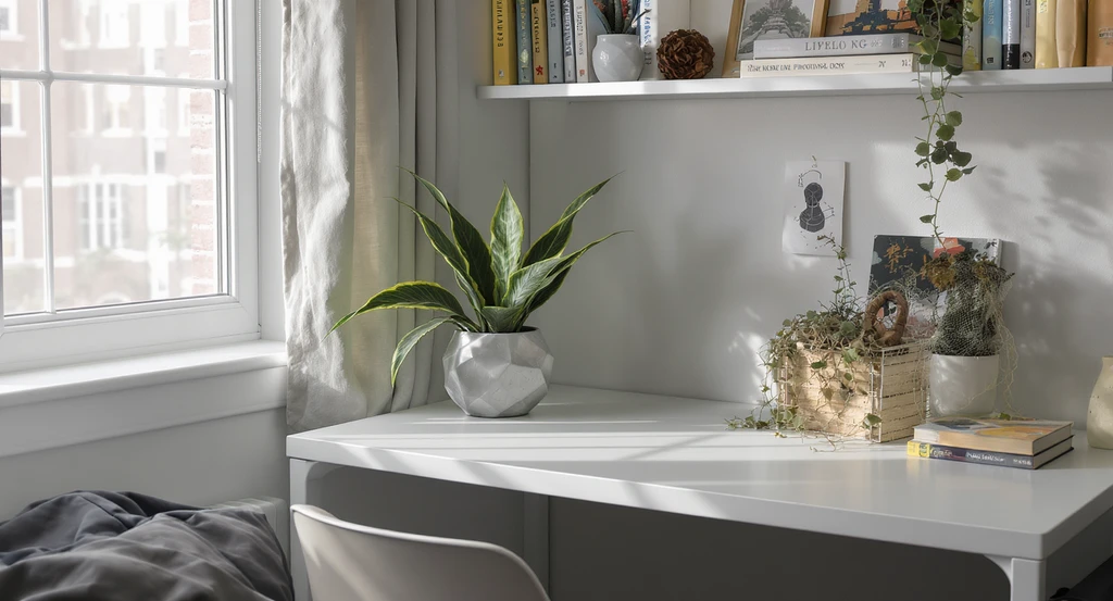 Photorealistic dorm room corner with a white desk, realistic faux plant, resilient snake plant, and wilted real plants, showcasing ai dorm room design ideas, virtual dorm makeover with ai tools, and practical ai interior design for small spaces.