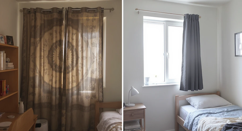 ai dorm room design ideas showing a side-by-side of a dorm with floor-to-ceiling curtains versus a safer virtual dorm makeover using peel-and-stick wallpaper and tension-rod curtains for safe college decor adaptation.