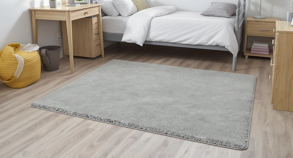 A dorm room styled with ai dorm room design ideas showing a small, washable low-pile rug, clean modern furniture, and practical layout for safe college decor using ai visualization.