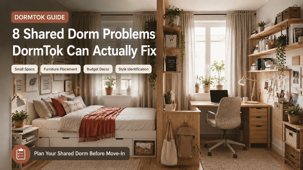 Shared dorm room virtually staged with AI dorm room design solutions, showing optimized roommate zones, organized storage, and clear privacy boundaries for college students.