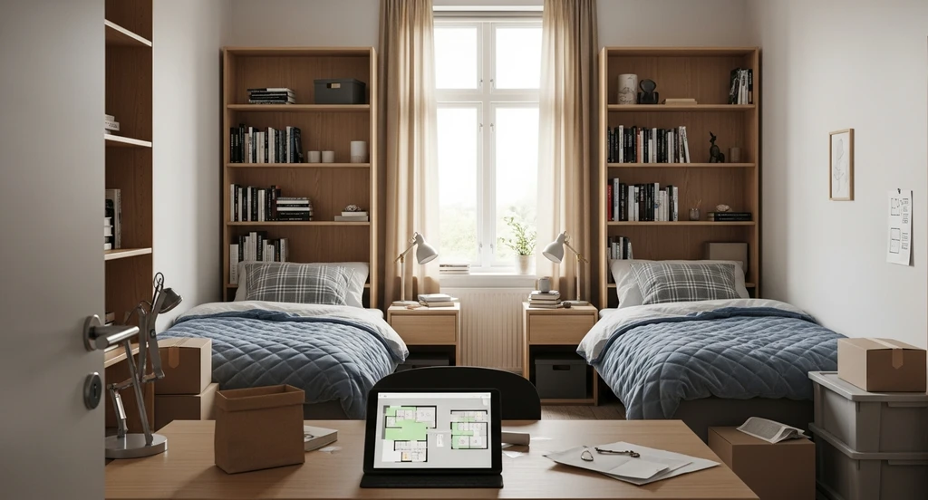 Photorealistic shared dorm room setup using ai dorm room design solutions and virtual staging for shared dorm spaces. Labeled bins, organized storage, a visible digital floor plan, and clearly defined roommate boundaries demonstrate effective ai tools for dorm privacy and small apartment organization.