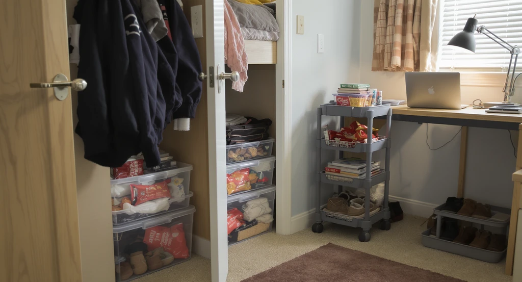 Ultra-realistic dorm room with under-bed storage containers, over-door hooks, rolling snack cart, and neatly organized desk. Editorial shot reflecting ai dorm room design solutions and virtual staging for shared dorm spaces, illustrating best ai apps for small apartment organization and how ai visualizes college roommate boundaries.