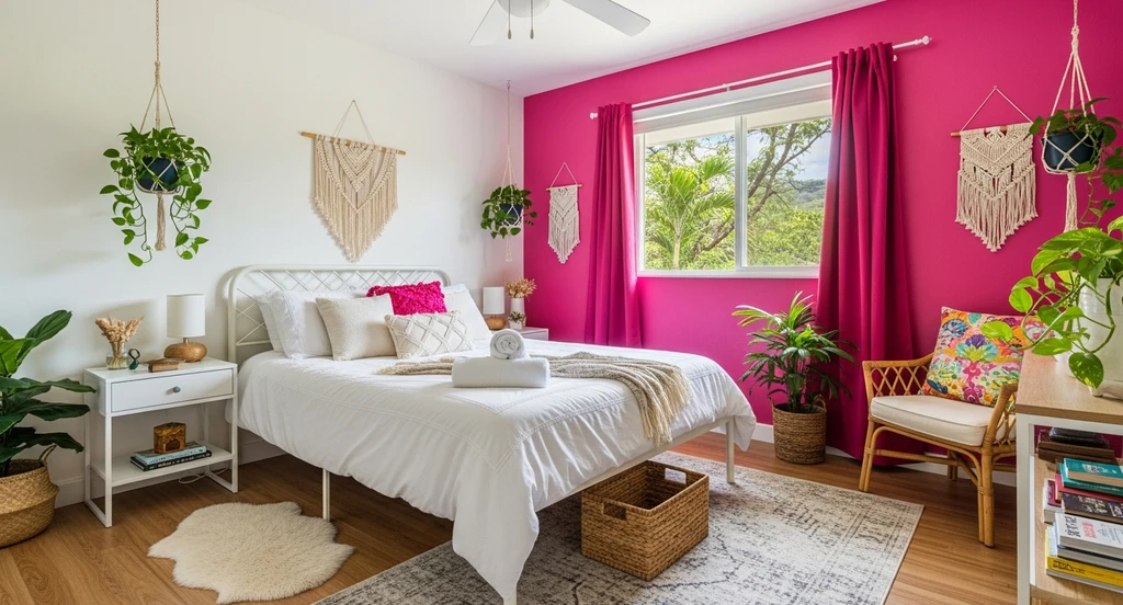 Photorealistic ai dorm room design solution showing a visually balanced shared dorm; minimalist beige decor on one side, neon style on the other, unified by neutral shared storage and rug, visualizing college roommate boundaries and virtual staging for shared dorm spaces.