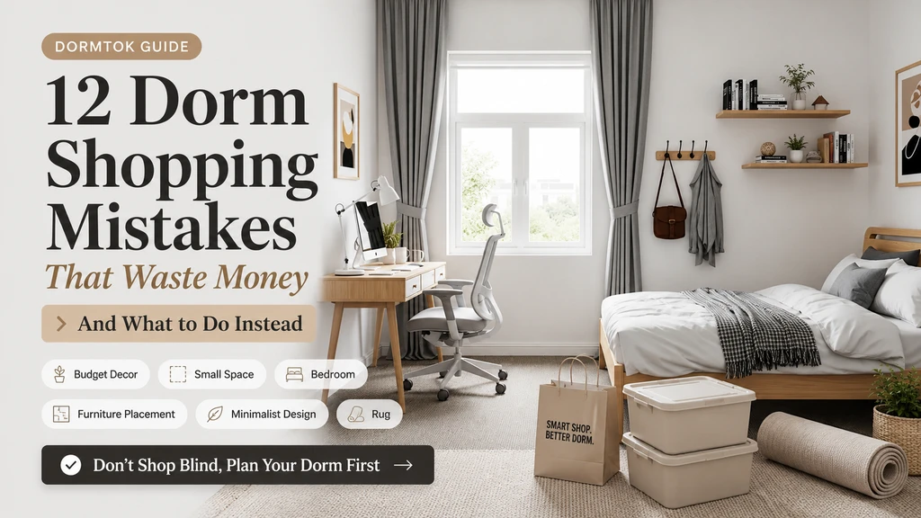 Organized college dorm room with minimal, essential furniture and storage; shows realistic decor choices to avoid common dorm shopping mistakes and minimize clutter, illustrating how to avoid wasting money on dorm essentials for a sustainable and budget-friendly setup.
