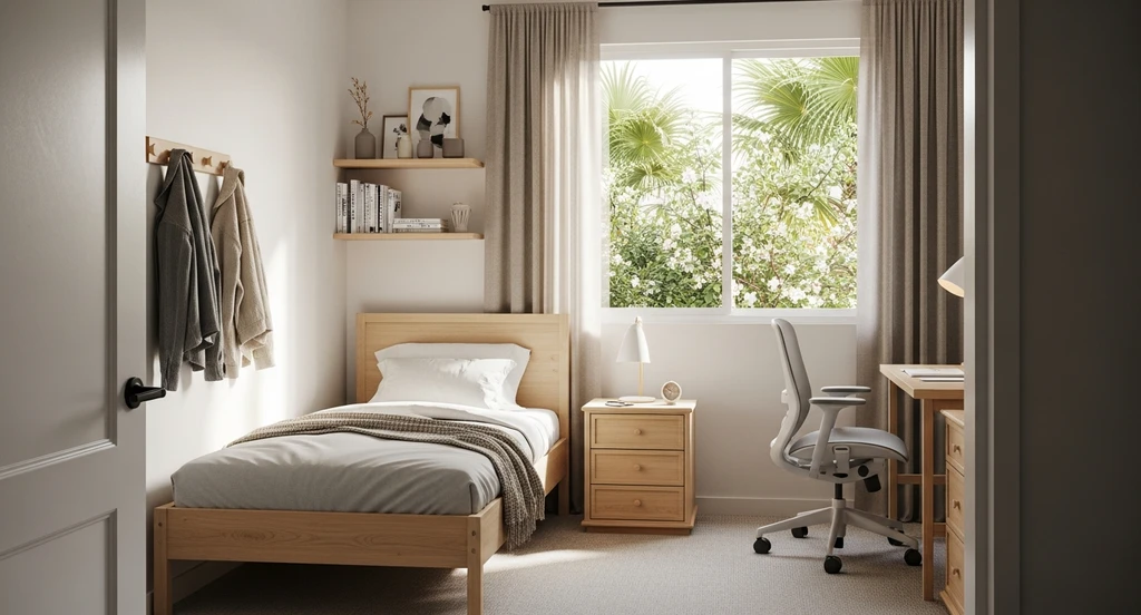 Unfurnished college dorm room with basic bedding and lamp, unpacked rugs and storage bins, showing how to avoid wasting money on dorm essentials and minimize dorm room clutter and waste.