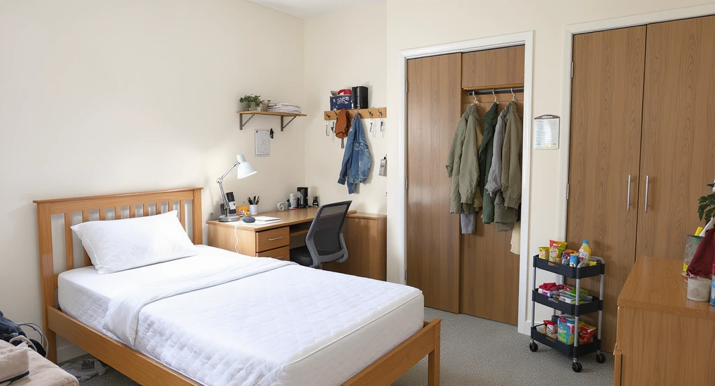 Photorealistic college dorm room with only standard-issue furniture, a mattress topper, rolling snack cart, and Command hooks, showing how to avoid wasting money on dorm essentials and minimize dorm room clutter and waste.