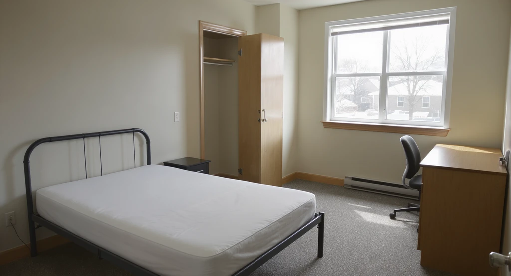 Empty college dorm room with Twin XL bed frame, desk, and open closet, showing practical layout and planning challenges for dorm furniture and storage solutions.