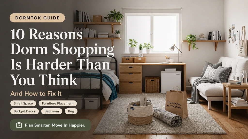Realistic college dorm room with Twin XL bed, futon, desk, and smart storage solutions, illustrating how to choose furniture and fit a futon in a small dorm.