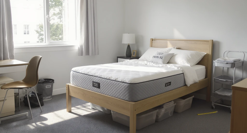 Realistic college dorm room with a Twin XL bed, extra-long bedding, storage solutions, and a mattress topper to guide twin XL bed sizing for dorms.