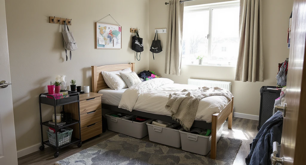 Photorealistic dorm room with a twin XL bed, under-bed storage bins, rolling cart nightstand, and over-door hooks—showing how to choose dorm room furniture, why a futon may not fit in a small dorm, and the best storage solutions for dorm rooms.