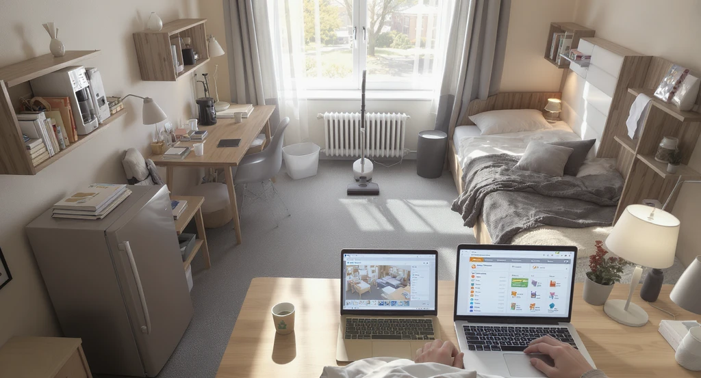 Modern college dorm room designed with an ai dorm room design tool showing single mini fridge, coffee maker, shared vacuum, and a laptop with virtual dorm shopping planner for roommate coordination and budget planning.