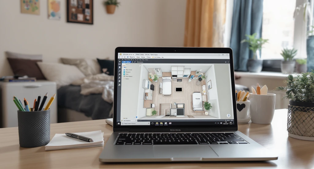 Modern college dorm room layout with organized furnishing, storage, and décor; an open laptop displays an ai dorm room design tool and virtual dorm shopping planner using ai visualization for budget planning and storage optimization.