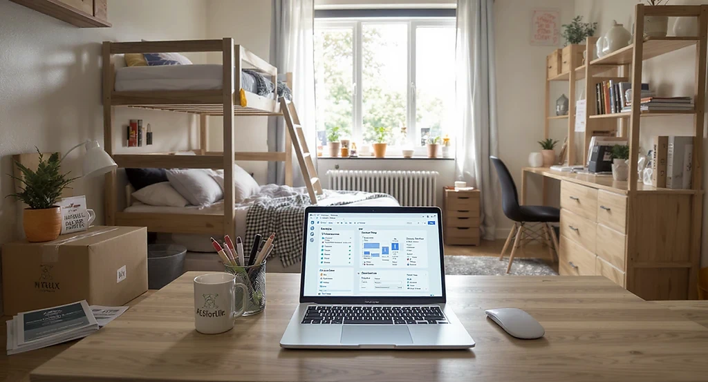 Ultra-realistic dorm room designed with ai dorm room design tool for college students, showing virtual dorm shopping planner with ai visualization, budget-saving layout, and dorm roommate coordination setup.
