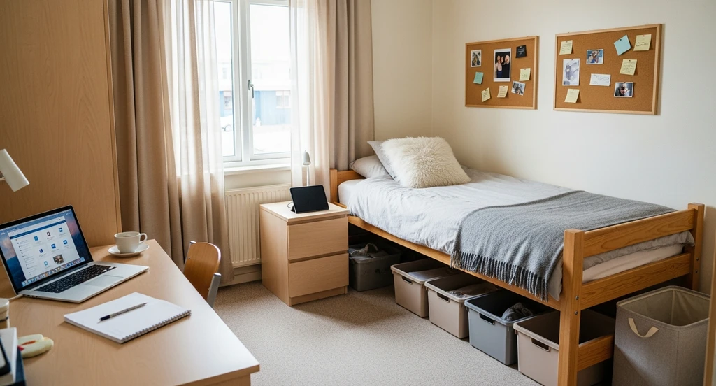 Photorealistic college dorm room with basic school furniture and a laptop showing an AI dorm room design tool for college students, illustrating virtual dorm shopping with ai visualization, real budget planning tools, and ai-powered dorm layout and storage optimization tools for student use; room decor emphasizes realistic, lived-in space without clutter.