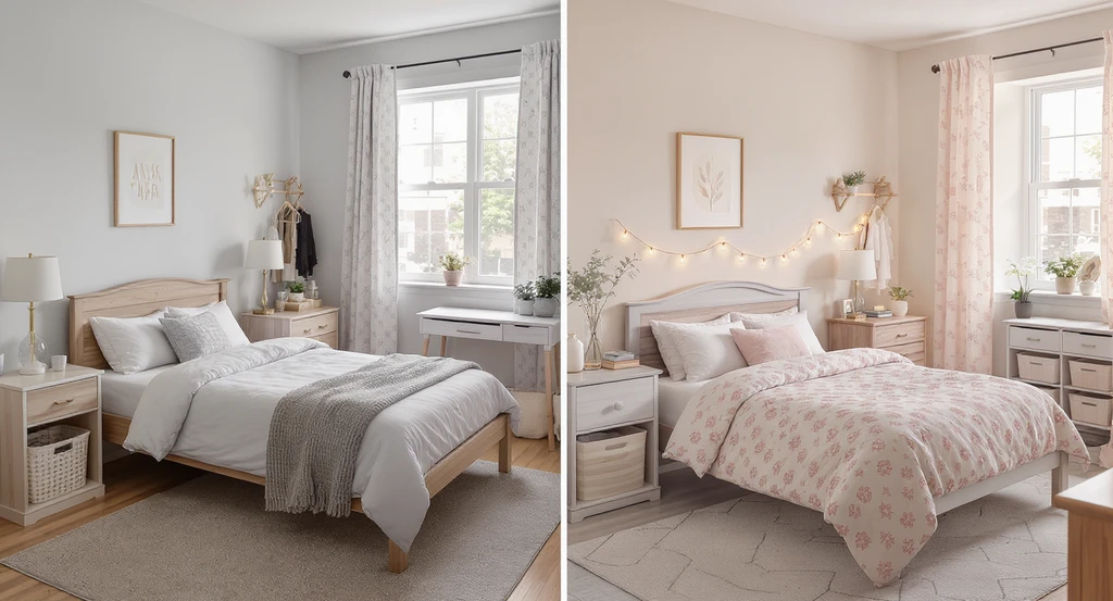 Photorealistic dorm room shows side-by-side minimalist and cottagecore styles, illustrating an ai dorm room design tool for college students to virtually visualize styles and optimize dorm shopping with ai-powered planning and roommate coordination.