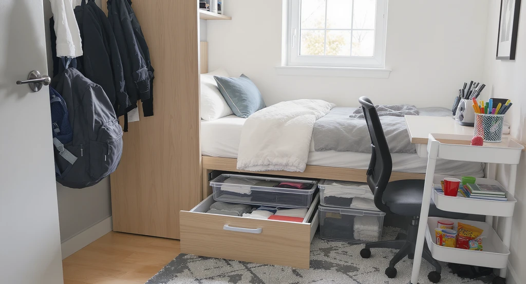 Photorealistic dorm room organized with under-bed bins, over-door hooks, and a mini rolling cart, optimized by an ai dorm room design tool for college students and virtual dorm shopping planner with ai visualization. The space demonstrates ai-powered dorm layout and storage optimization for budget-conscious college dorm shopping without extra clutter.