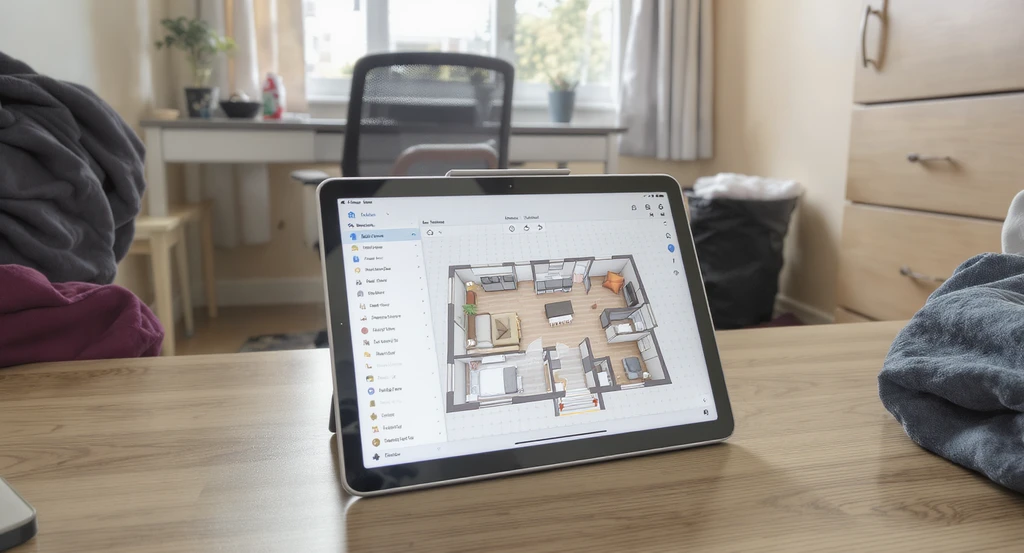 Dorm room with desk, rolling chair, correctly sized laundry hamper, and precise rug placement beside a tablet displaying an ai dorm room design tool for college students and virtual dorm shopping planner with ai visualization for optimizing layout and storage.