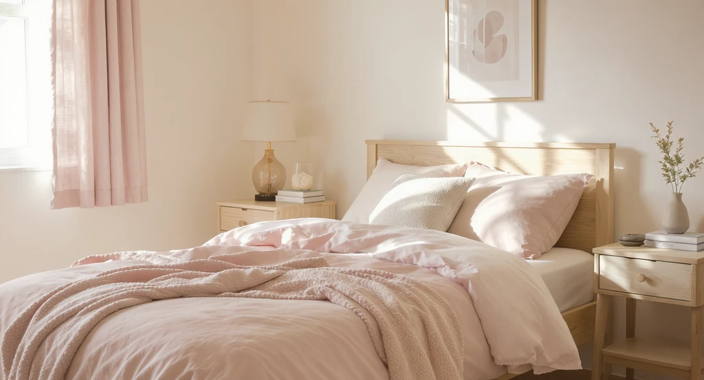 Editorial-quality image of a soft girl dorm room with blush-pink bedding, cozy blanket, neutral decor, and warm lighting to show the difference between a pink dorm and a soft girl dorm. Features subtle color schemes, creating a cohesive, inviting layout for small dorms.