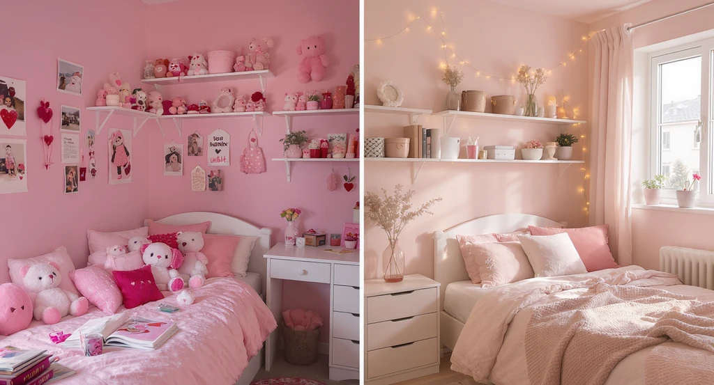 Photorealistic dorm room comparison showing the difference between a pink dorm and a soft girl dorm. The left side features cute pink collectibles and clutter, while the right displays a cohesive, cozy, soft girl dorm layout with harmonious color schemes and minimalist decor to inspire how to style a soft girl dorm room.