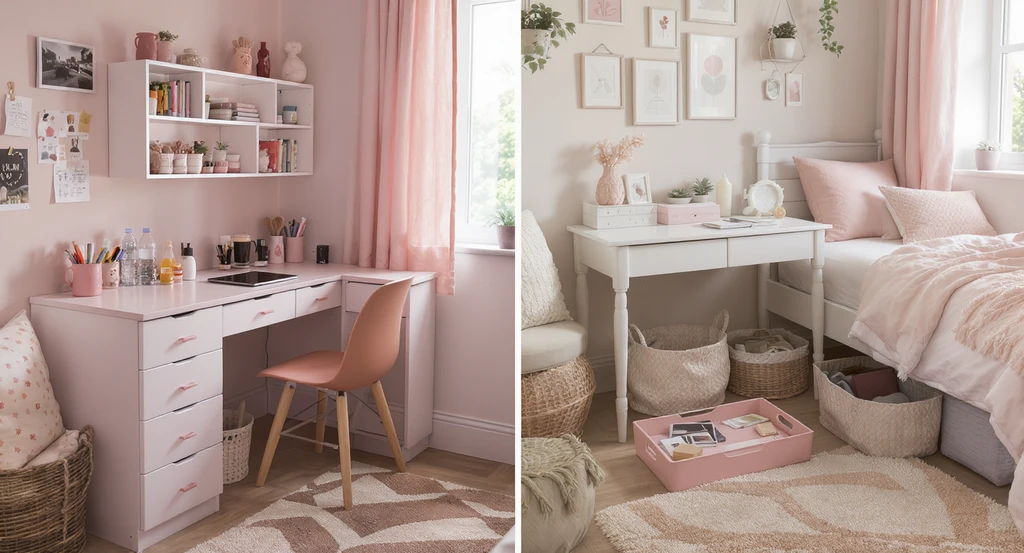 Ultra-realistic dorm room showing difference between pink dorm and soft girl dorm; organized with hidden storage, tranquil color scheme, and cozy room layout tips.