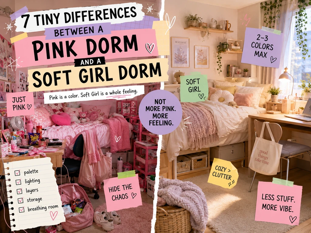 Editorial image showing the difference between a pink dorm and a soft girl dorm room, highlighting best color schemes, cohesive design, and small dorm layout tips.