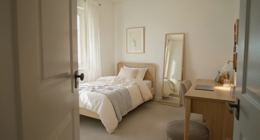 Photorealistic small dorm room with coordinated bedding, clear desk, one wall art, mirror, light tones, and minimal decor to show how to make a small dorm room feel bigger, arranging furniture in tiny dorms, and decor tips for maximizing dorm space.
