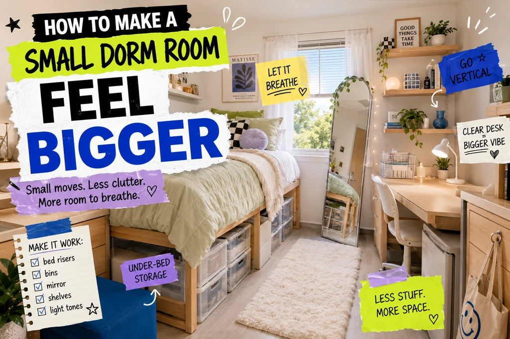 How to make a small dorm room feel bigger: a tiny dorm arranged with under-bed storage, floating shelves, organized desk, and decor maximizing space.