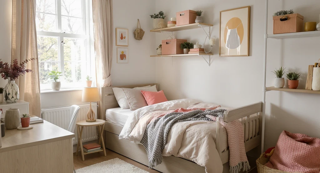 Smartly arranged small dorm room showing how to make a small dorm room feel bigger with organization, storage ideas, and decor tips for maximizing dorm space.