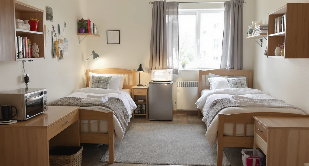 Smartly organized college dorm room layout with coordinated furniture, shared appliances, single area rug, and split storage to avoid wasted space.