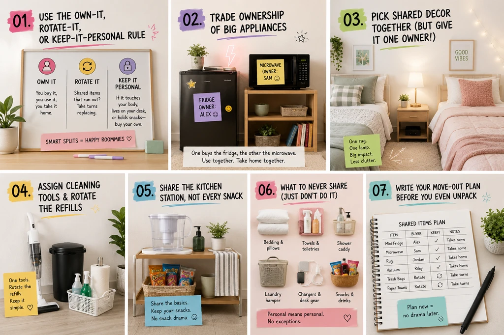 Photorealistic dorm room layout showing how to choose dorm room furniture that fits, sharing appliances, and what size rug is best for dorm—no wasted space.