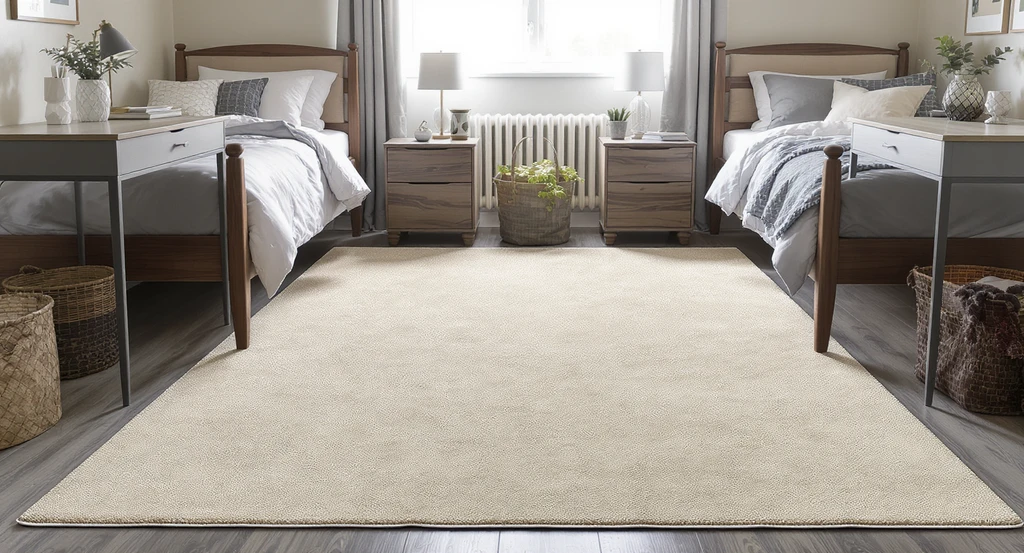 Modern dorm room with one large area rug and a single shared lamp on a nightstand between two beds, illustrating how to choose dorm room furniture that fits and a dorm room layout planner for furniture, while avoiding wasted space with shared appliances and showing what size rug is best for dorm.