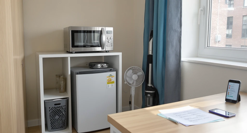Compact college dorm room with microwave, mini fridge, fan, vacuum, trash can, checklist, and smartphone for sharing large items, Last-Minute Dorm Shopping Checklist, dorm room measurement tips.