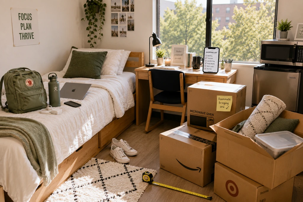 Ultra-realistic dorm room pre-move-in with minimal bedding, unopened boxes, a shared microwave, and checklist essentials—showcasing the Last-Minute Dorm Shopping Checklist for small rooms, how to avoid overbuying dorm furniture, and dorm room measurement tips before shopping.