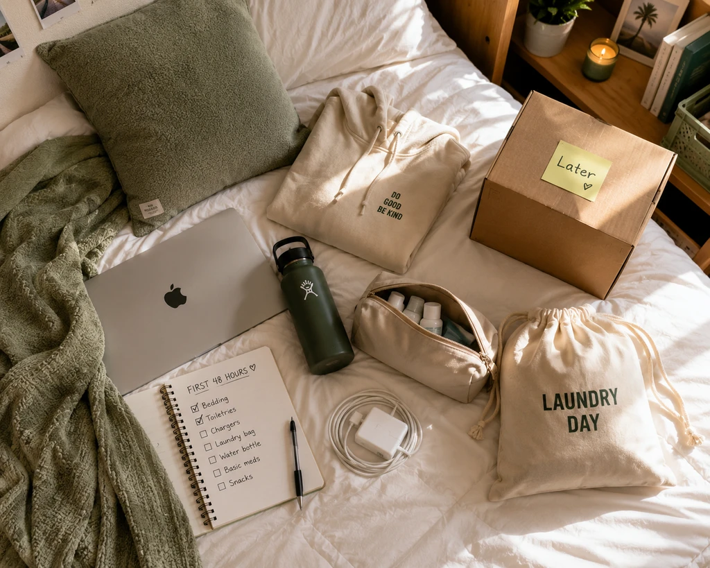 Organized college dorm room showing only essential items—bedding, laundry bag, chargers, and toiletries—highlighting a Last-Minute Dorm Shopping Checklist for small rooms and how to avoid overbuying dorm furniture.