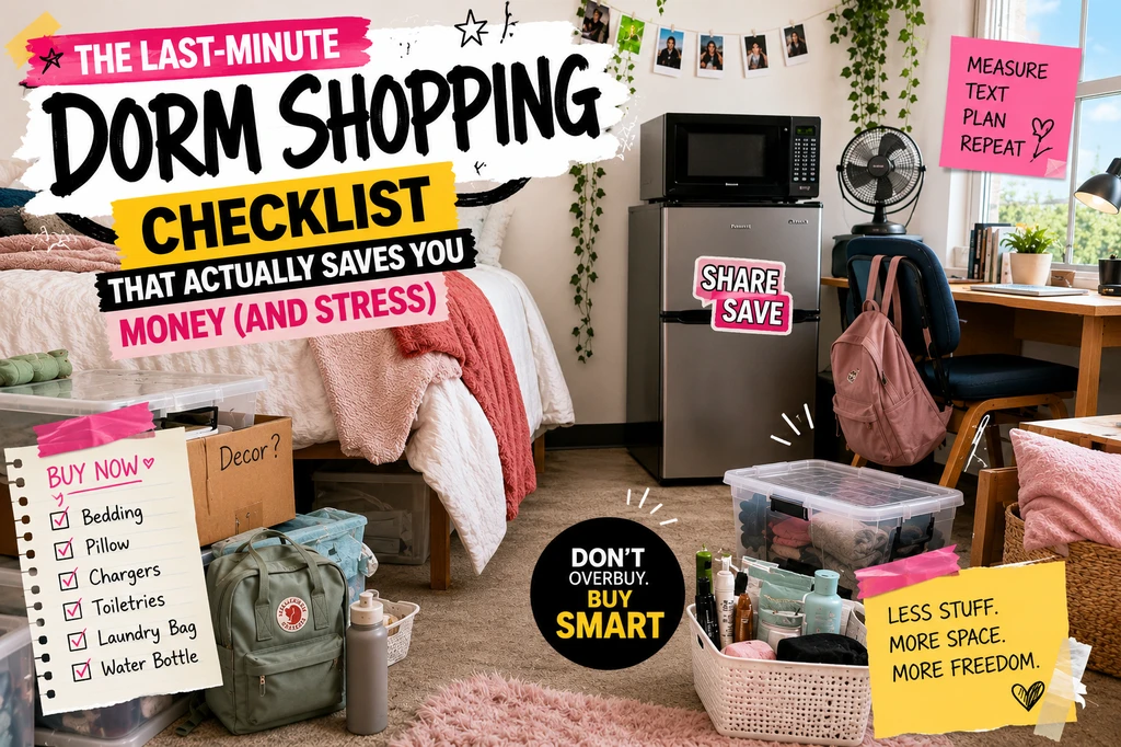 Photorealistic small college dorm room showing essentials from a last-minute dorm shopping checklist, with measured storage, shared appliances, and minimal-overbuying tips for small spaces.