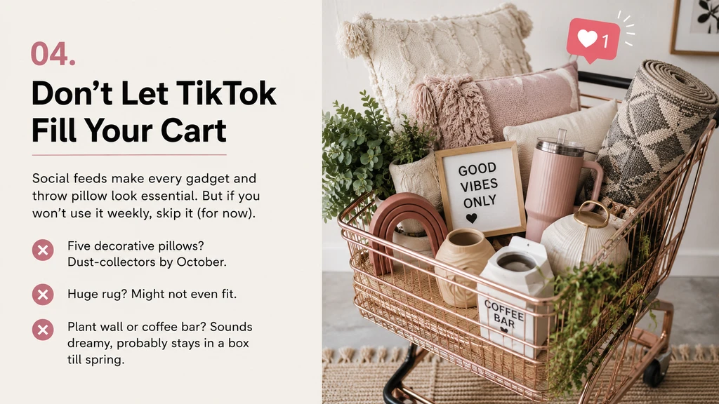 Minimalist college dorm room shows essential dorm furniture, unpacked throw pillows and large rug, exemplifying Last-Minute Dorm Shopping Checklist for small rooms and how to avoid overbuying, with space saved for shared items with college roommate.