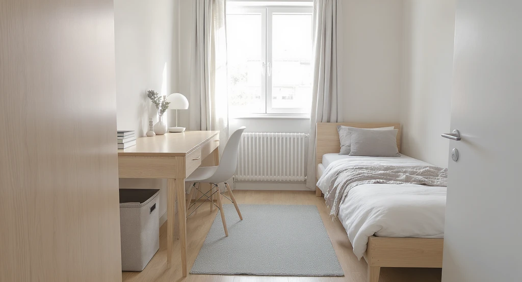 How to make a small dorm room look expensive: organized, minimalist dorm with one neutral low-pile rug, monochrome storage, and rental-friendly decor.