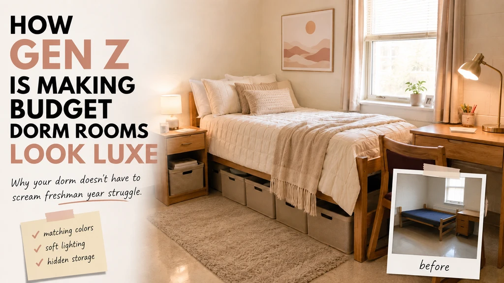Photorealistic hero image of a budget dorm room with luxe touches—neutral bedding, removable wallpaper, chic decor, and clever organization—showcasing how to make a small dorm room look expensive, best color schemes for college dorms, and rental-friendly dorm decor ideas.