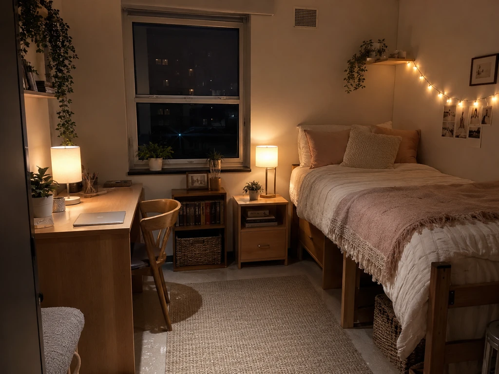 Cozy dorm room with matching warm desk and bedside lamps, a short string light, soft neutral colors, and tidy organization for making budget dorm rooms look luxe.