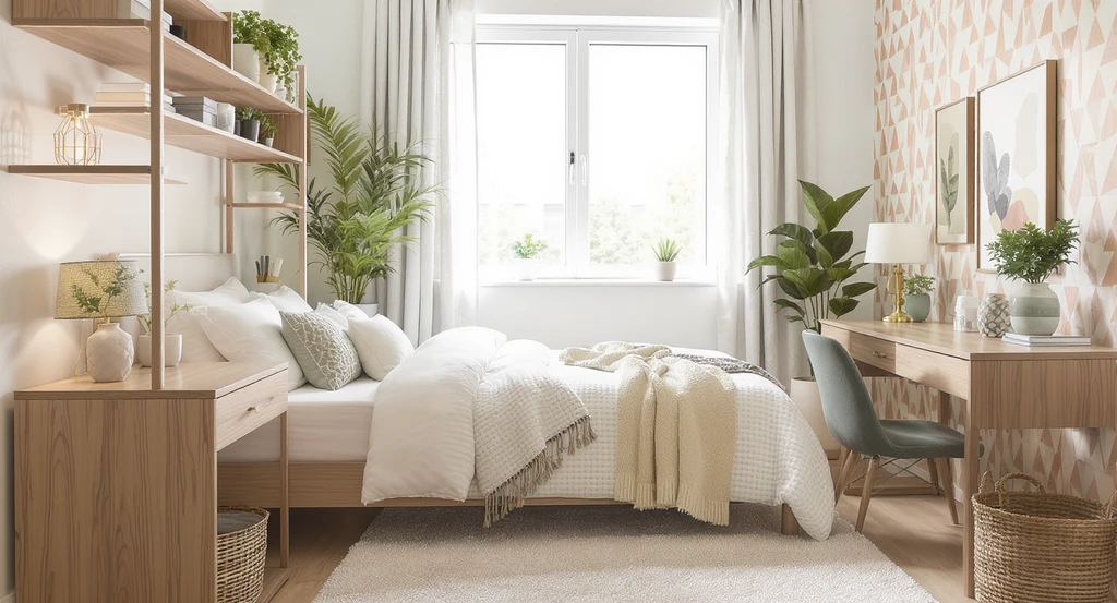 A small dorm room shows how to make a small dorm room look expensive with budget decor, best color schemes for college dorms, and organizing small dorm room for a clean look using rental-friendly decor ideas.